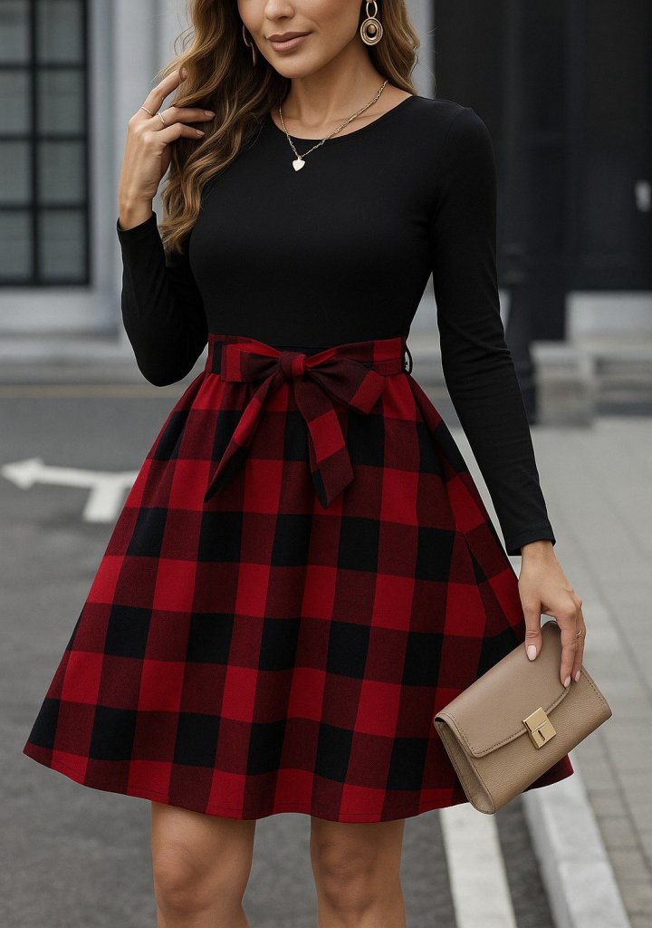 Women's Long Sleeve Crew Neck Top Viscose Bottom Plaid Short Dress