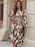 Women's Long-Sleeved Crew Neck Patterned Tie-Waist Micro-Suprem Midi Dress