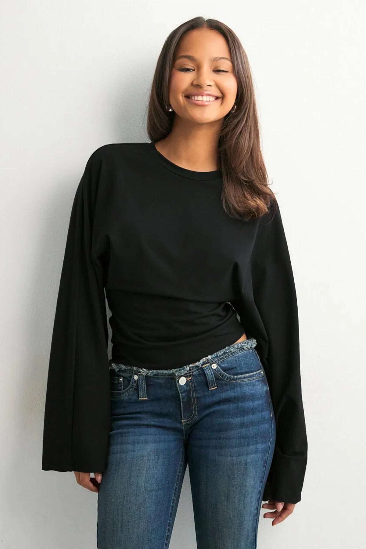 Kadın Bisiklet Yaka Belden Oturtmalı Geniş Kollu Siyah Bluz