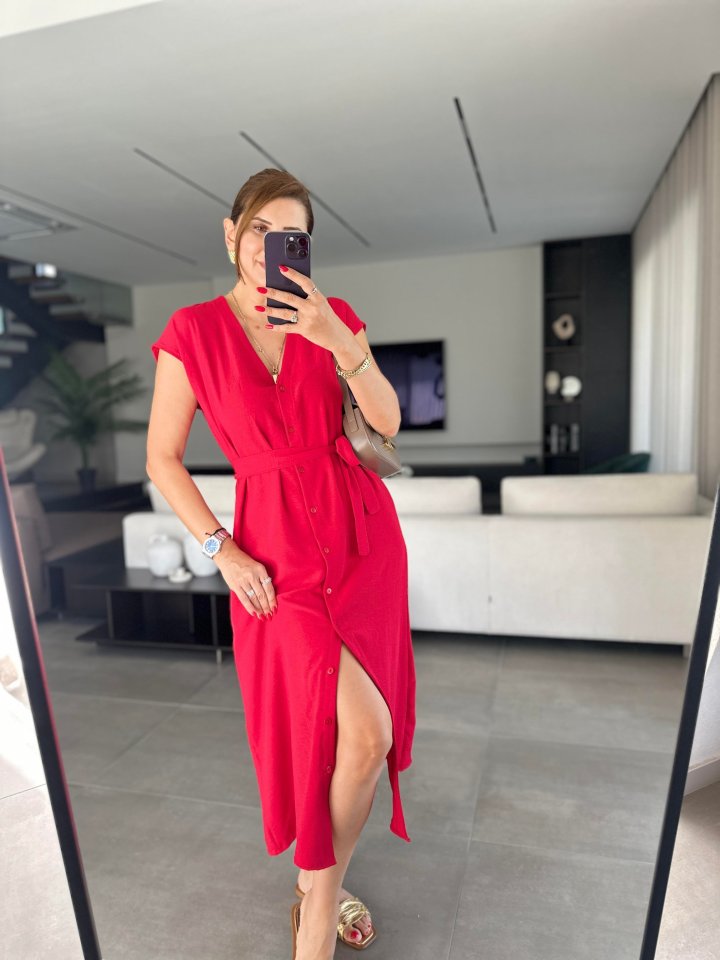 Women's V-Neck Button Detail Dress with Belt