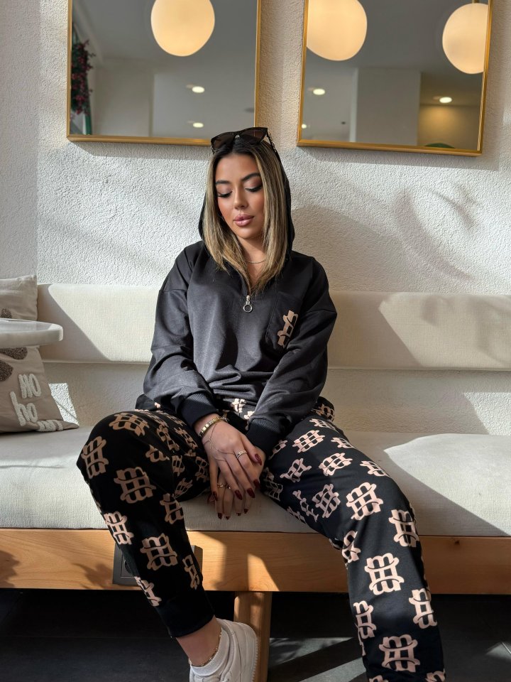 Women's Long Sleeve Two-Thread Fabric Zipper and Pocket Detail Hooded Two-Piece Set