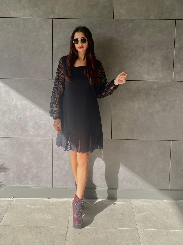 Women's Long Sleeve Round Neck Short Imported Crepe Dress with Lace Cuffs and Hem