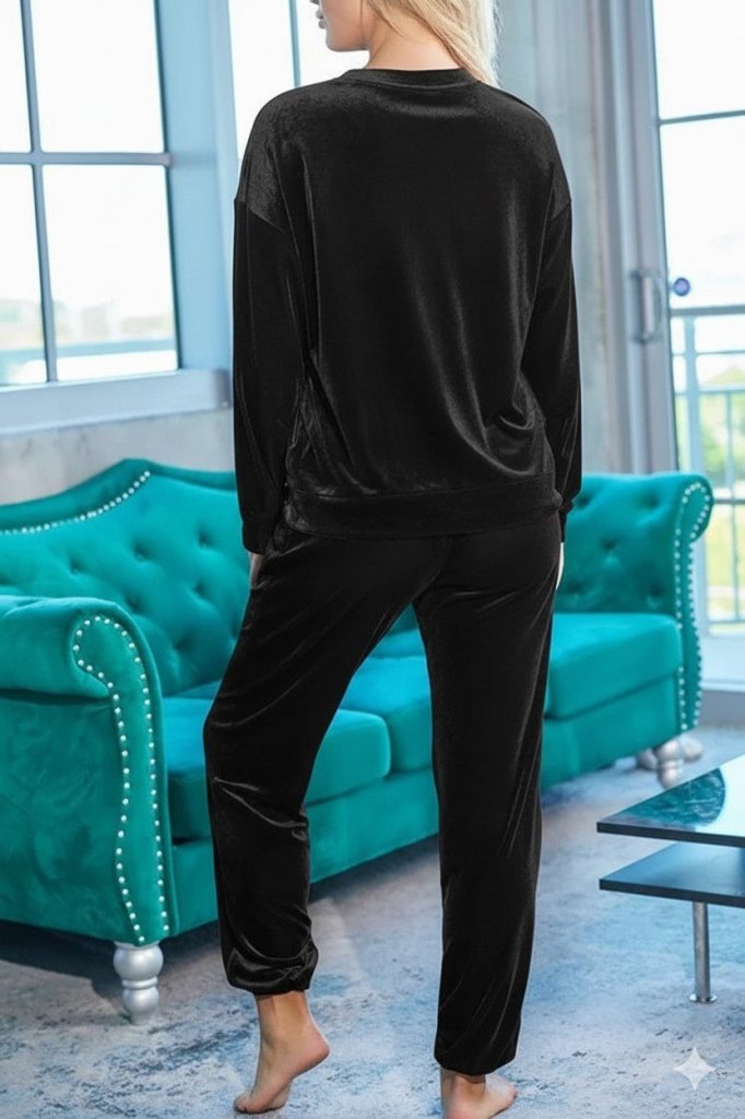 Women's Long-Sleeved Round Neck Velvet Blouse and Pants Set