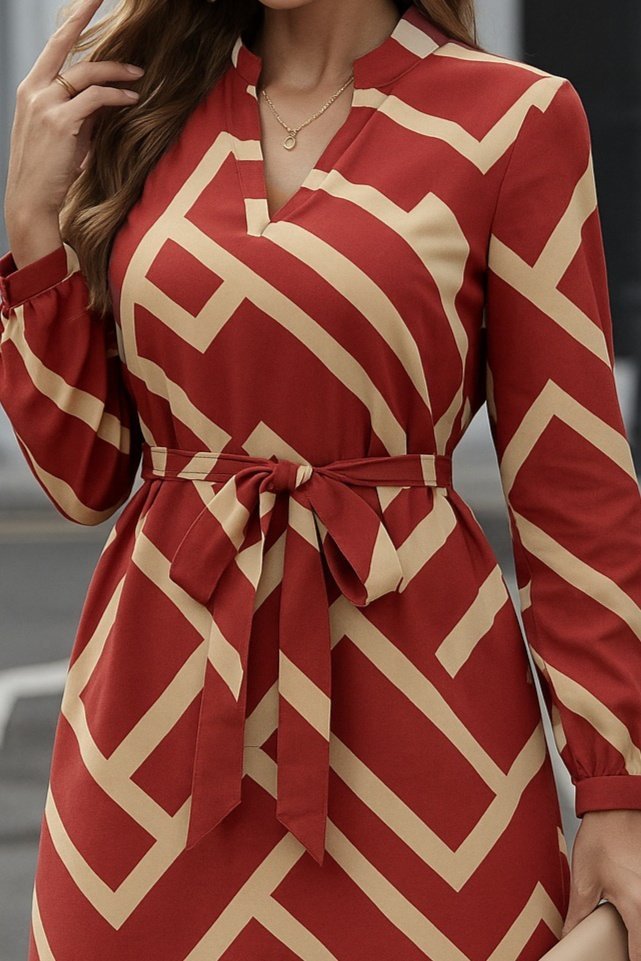 Women's Long Sleeve V-Neck Patterned Scuba Dress with Belt at Waist