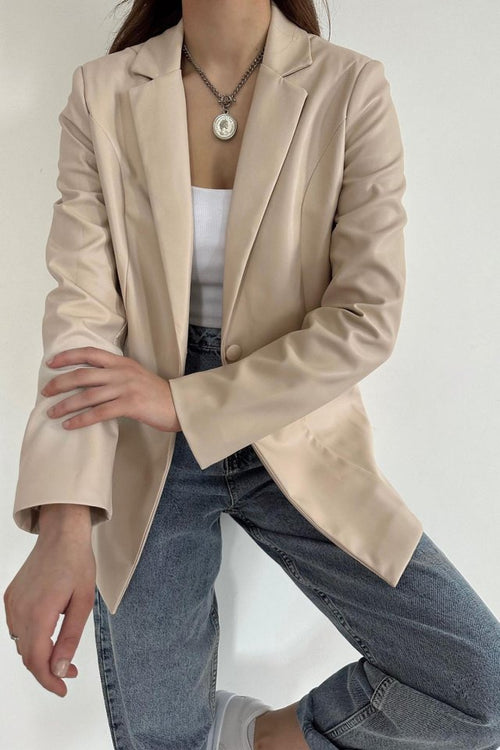 Beige Leather Jacket with Buttons