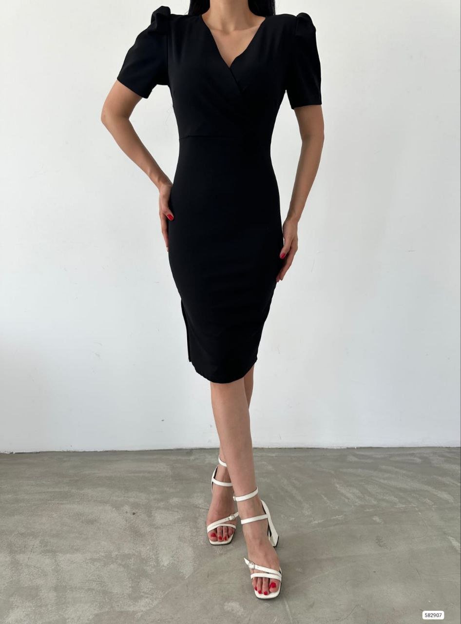 Women's Crossover Neck Side Slit Detail Scuba Crepe Fabric Midi Dress