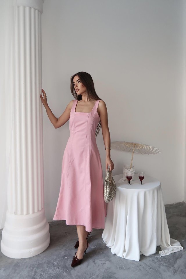Pembe Çift Dikişli Gabardin Elbise