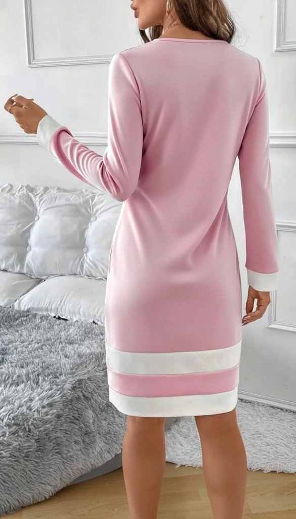 Women's Long Sleeve Round Neck Mini Scuba Dress with Hemline Stripe Detail