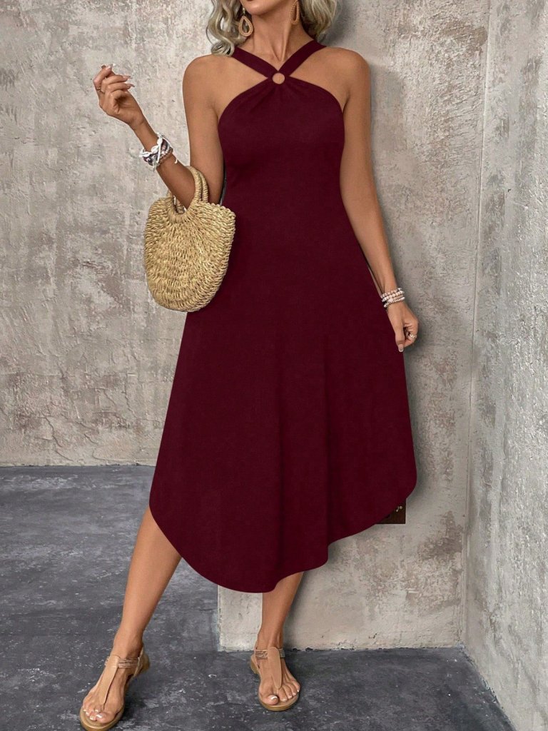 Women's Cross-Neck Ring Detail Asymmetrical Viscose Dress
