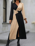 Women's Long Sleeve Crossover Neckline Crossover Waist Detail Two-Tone Imported Crepe Midi Dress