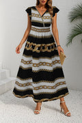 Women's Short-Sleeved Wrap Neck Elastic Waist Patterned Maxi Knit Crepe Dress