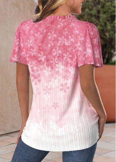 Women's Short Sleeve V-Neck Button-Down Floral Print Cotton Blouse
