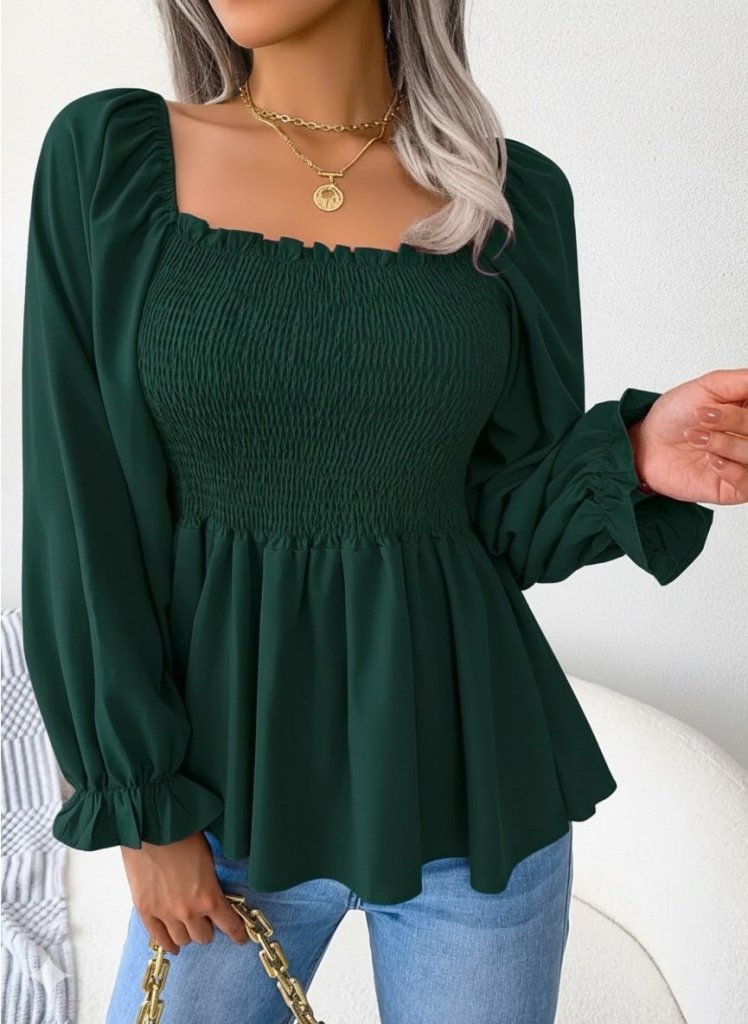Women's Long Sleeve Geometric Collared Crêpe Blouse with Shirring Detail