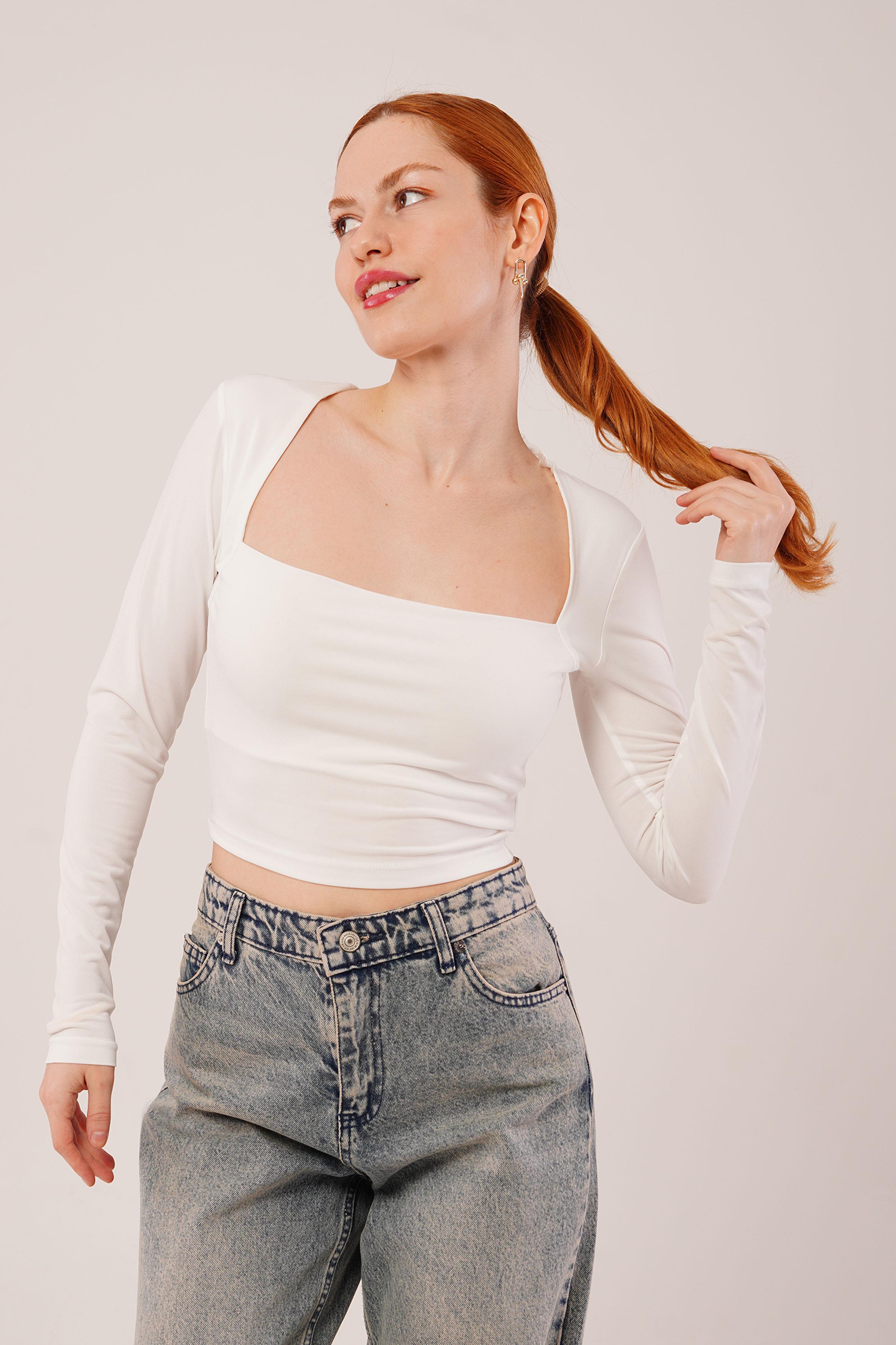 Square Neck Basic White Blouse