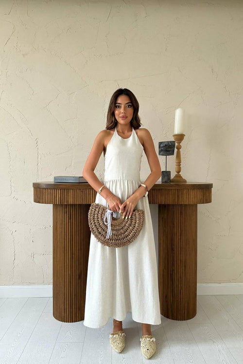 Beige Linen Dress with Shirred Back
