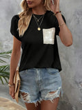 Women's Short Sleeve Crew Neck Pocket Sequin Detail Viscose Blouse
