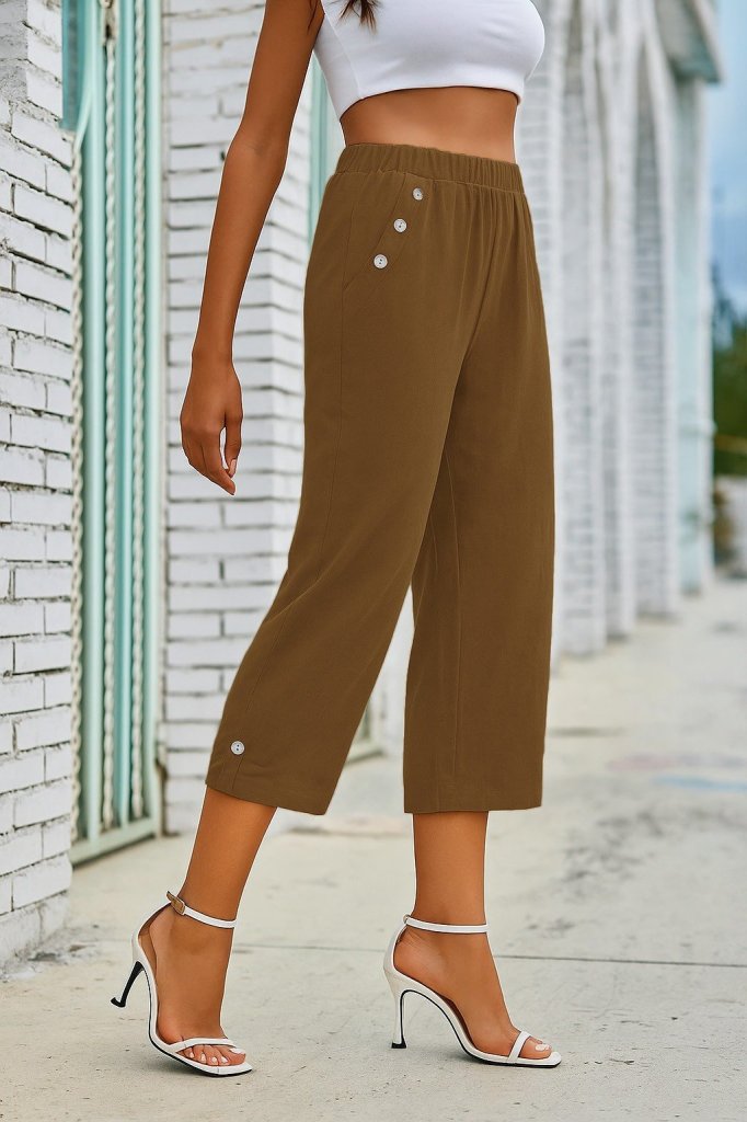Women's Elastic Waist Button and Pocket Detail Capri Imported Linen Trousers