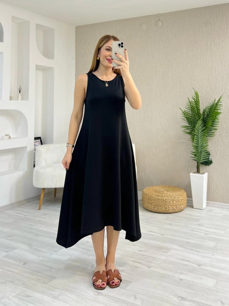Women's Strappy Round Neck Asymmetrical Cut Viscose Dress