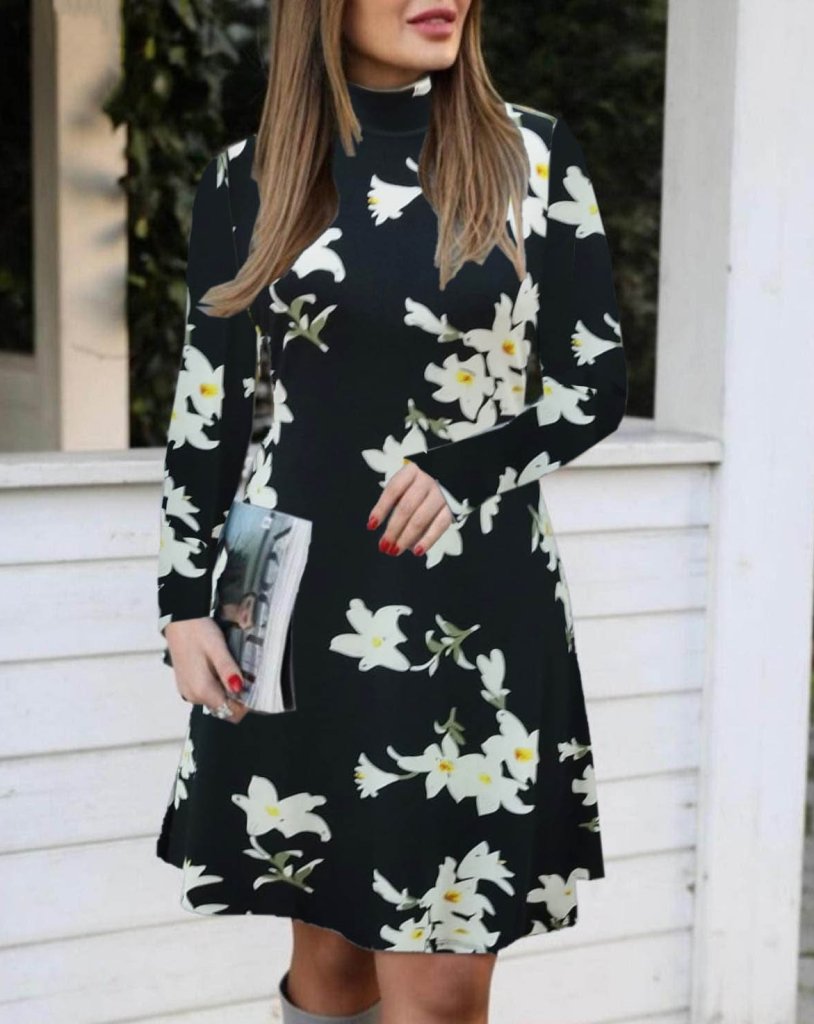 Women's Mock Neck Long Sleeve Floral Crepe Dress