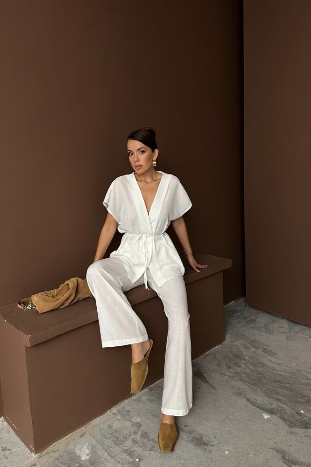 LINEN V-NECK TIE-WAIST BLOUSE AND TROUSER SET - White