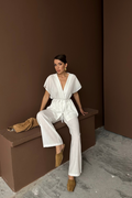 LINEN V-NECK TIE-WAIST BLOUSE AND TROUSER SET - White