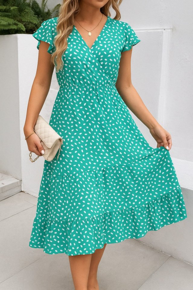 Women's Short Sleeve Wrap V-neck Elastic Waist Floral Dress
