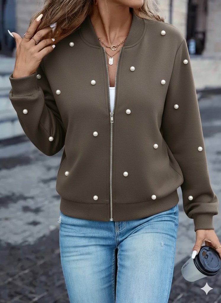Women's Long Sleeve Front Zip Pearly Short Modal Jacket