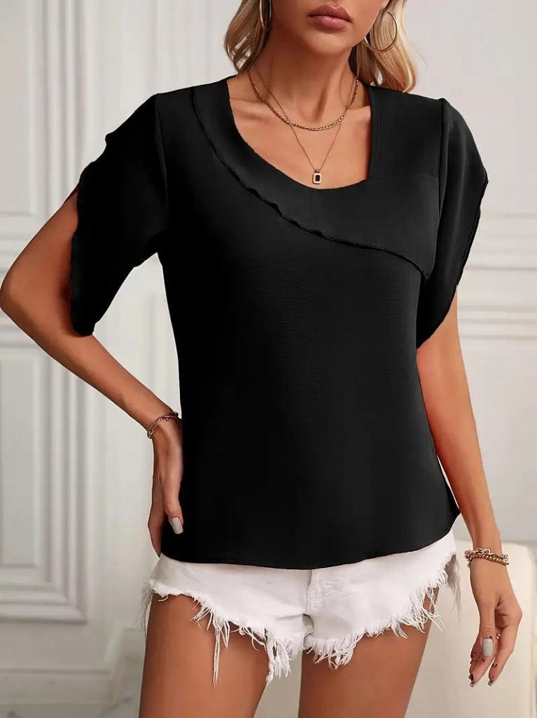 Women's Short Sleeve Collar and Sleeve Detail Jesica Blouse