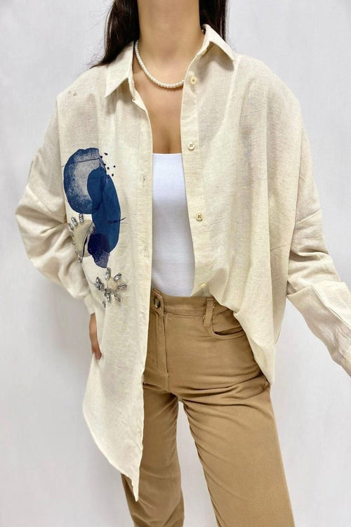 Beige Linen Shirt with Stone Embroidery