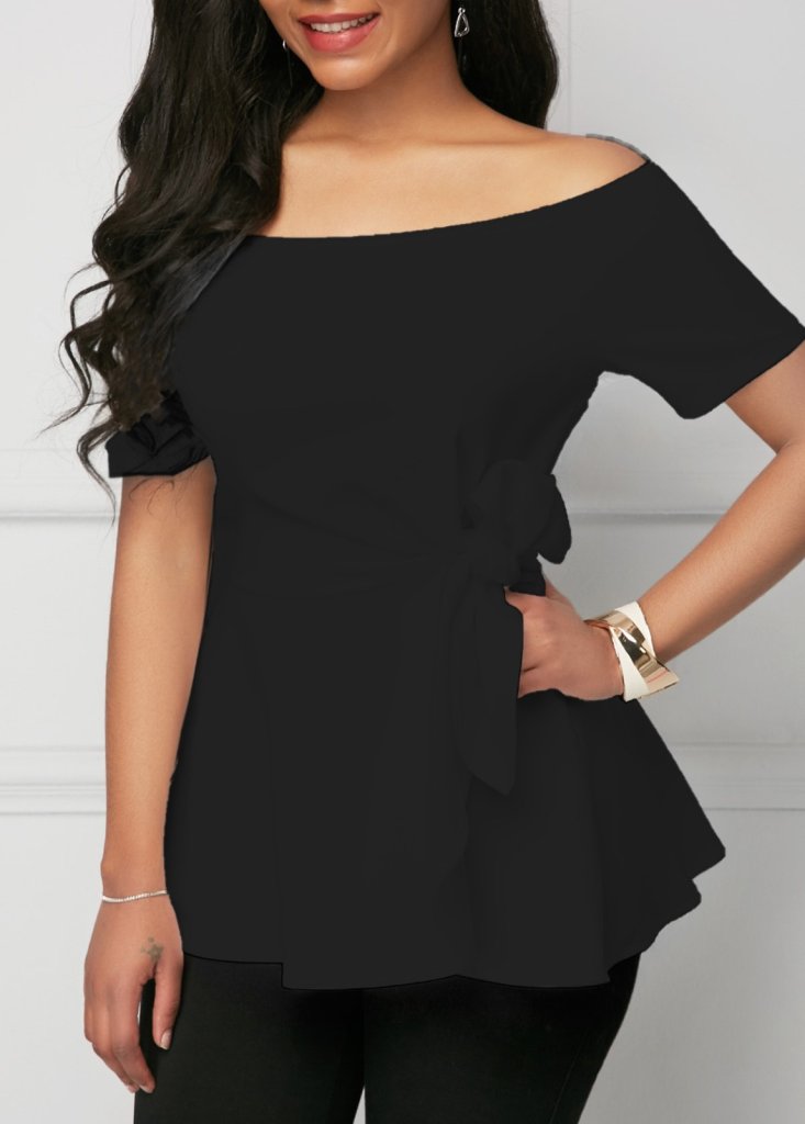 Women's Short-Sleeve Madonna Neck Tie-Side Imported Crepe Blouse