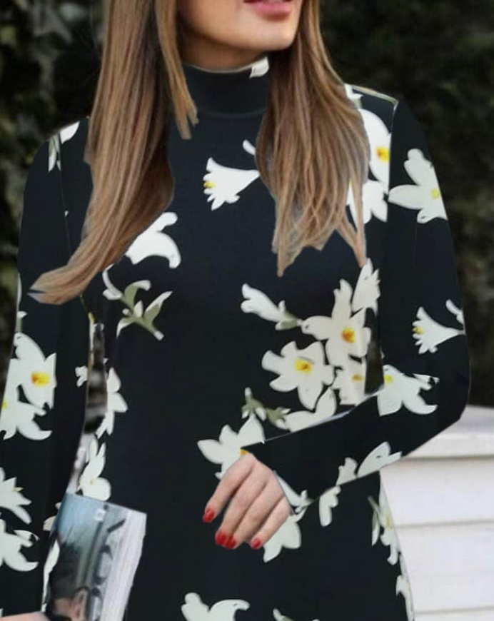 Women's Mock Neck Long Sleeve Floral Crepe Dress