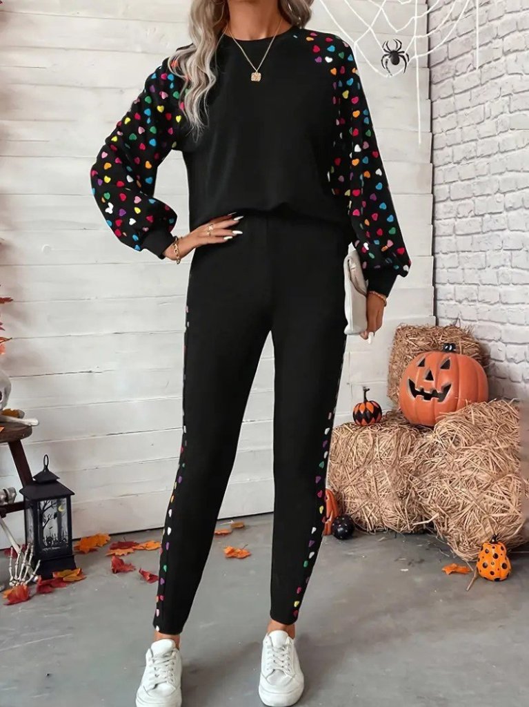 Women's Long-Sleeved Crew Neck Patterned Viscose Two-Thread Blouse and Trousers Two-Piece Set