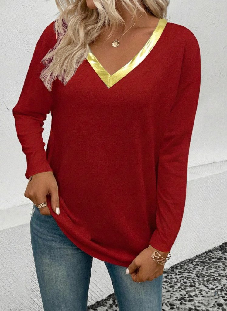 Women's Long Sleeve V-Neck Shimmer Detail Viscose Blouse