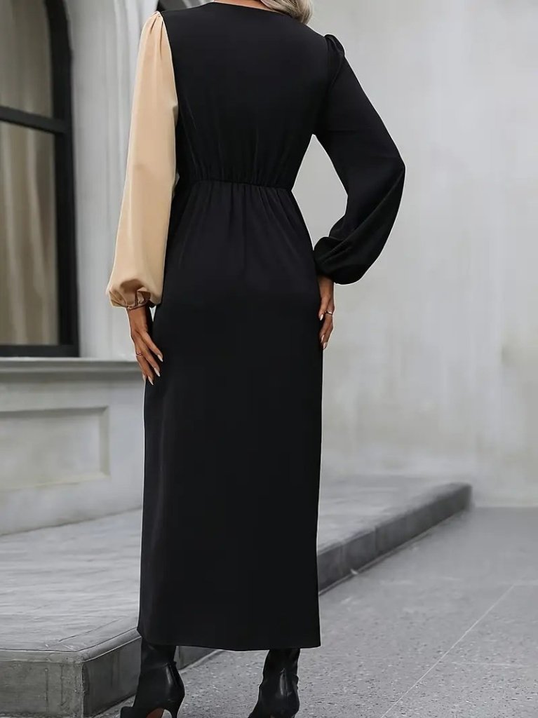 Women's Long Sleeve Crossover Neckline Crossover Waist Detail Two-Tone Imported Crepe Midi Dress