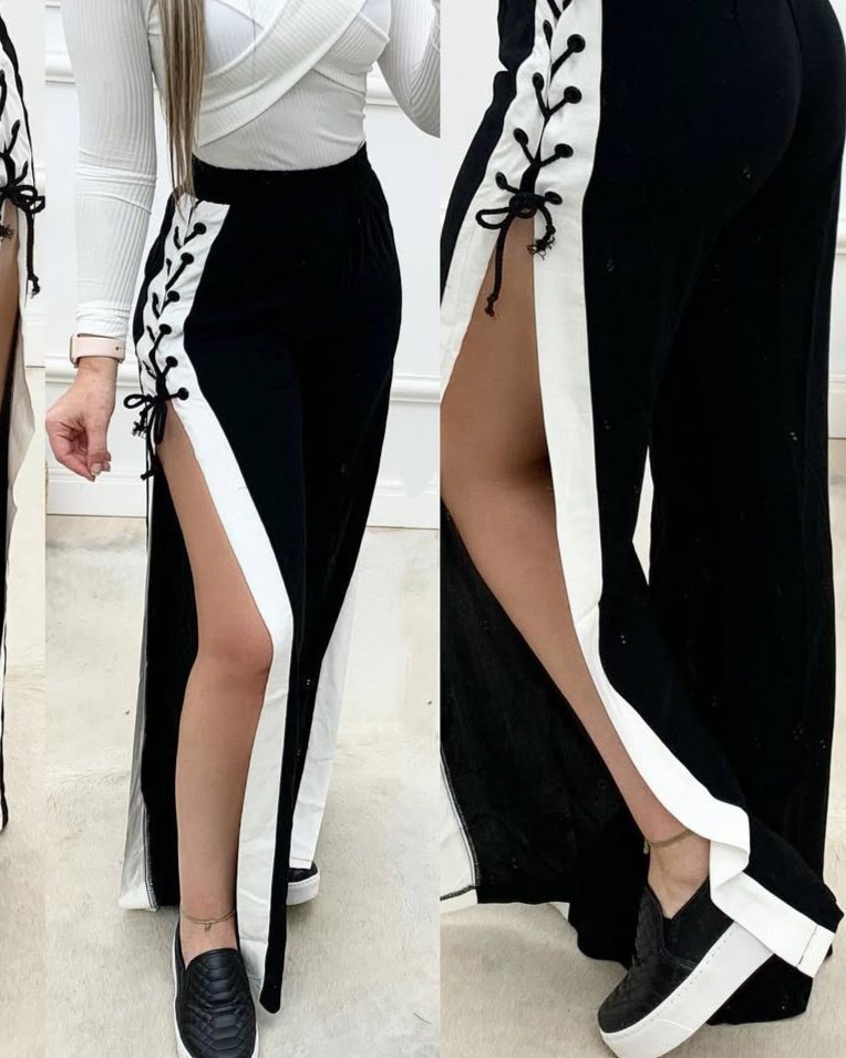 Women's High Waisted Side Crossover Lace-Up Slit Viscose Double Thread Trousers