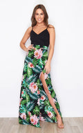 Women's Strappy V-Neck Digital Print Floral Slit Micro Fabric Dress