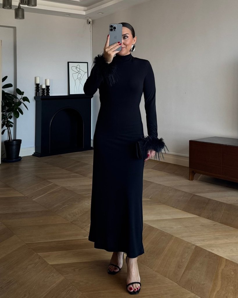 Women's Long-Sleeved Turtleneck Long Crepe Dress with Feather Detail on Cuffs