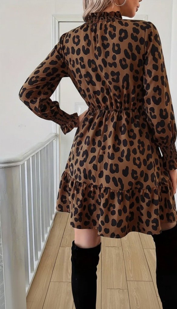 Women's Long Sleeve Mock Neck Leopard Print Modal Mini Dress
