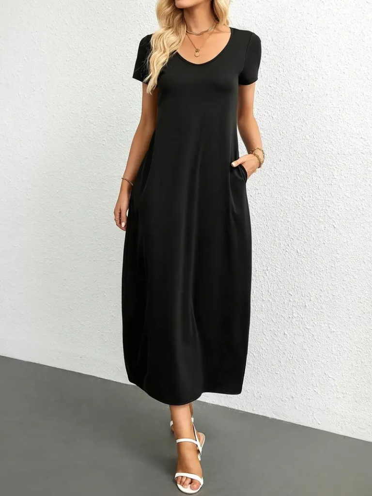 Women's Short Sleeve Round Neck Pocketed Viscose Dress
