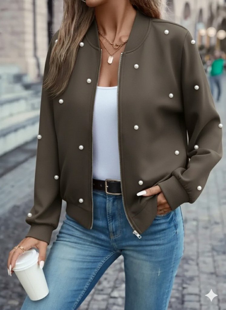 Women's Long Sleeve Front Zip Pearly Short Modal Jacket