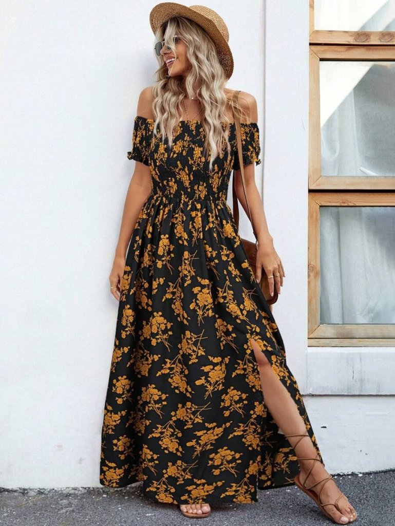 Women's Short Sleeve Madonna Neck Floral Slit Supima Dress