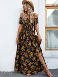 Women's Short Sleeve Madonna Neck Floral Slit Supima Dress