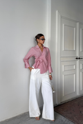 STRIPED POPLIN WRAP SHIRT - Red