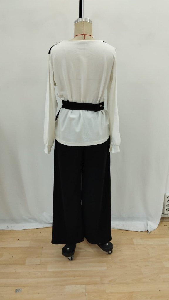 Women's Long Sleeve Open Collar Two-Tone Belted Imported Crepe Two-Piece Set