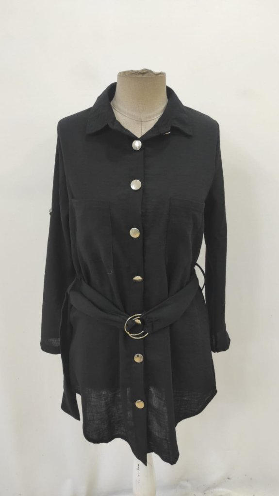 Women's Long Sleeve Collared Button-Front Belted Mini Imported Linen Dress