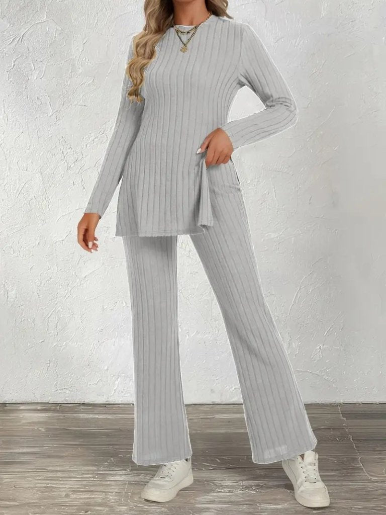 Women's Long-Sleeve Crew Neck Side Slit Brushed Ribbed Blouse and Pants Two-Piece Set