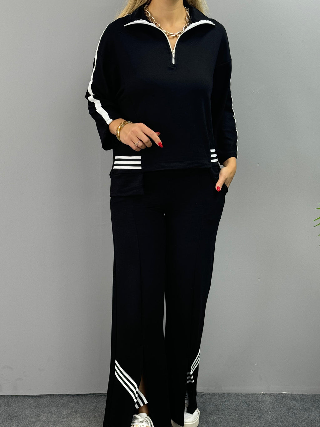 Women's Ribbed Polo Neck Two-Piece Set with Slit Hem