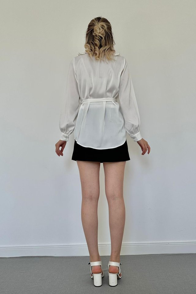 White Ruffle Collar Belted Satin Shirt