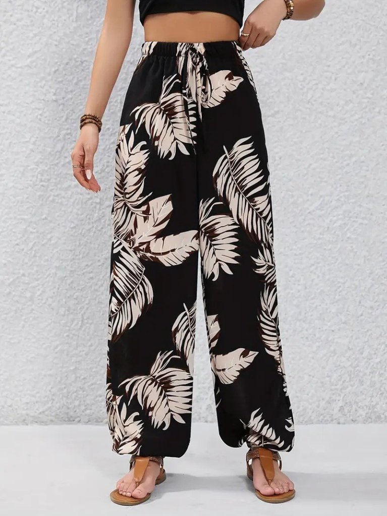 Women's High Waist Lace-Up Leaf Pattern Supima Pants