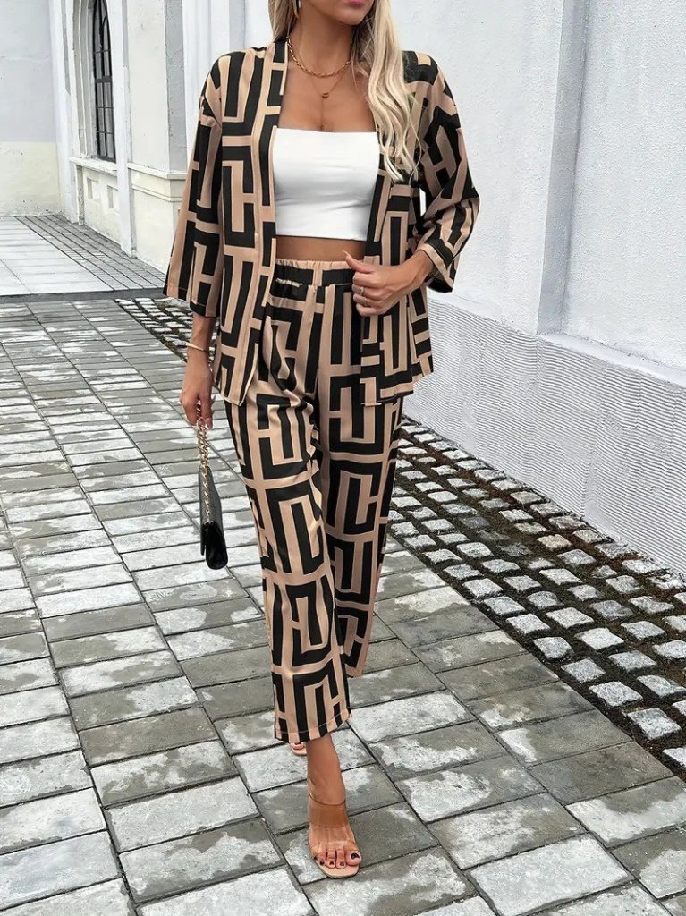 Women's Long Sleeve Open Front Patterned Double-Thread Jacket and Pants Two-Piece Set